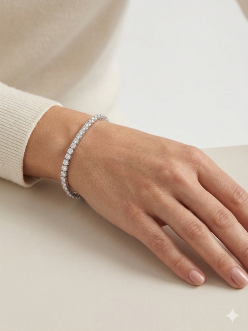 Women wearing Anti-tarnish silver brilliant-cut tennis bracelet.