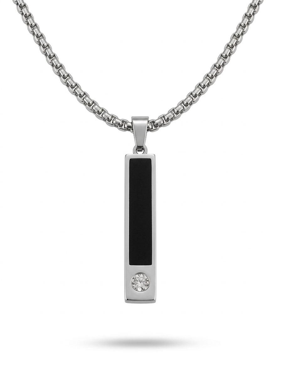  Anti-tarnish silver crystal-accented onyx bar pendant necklace for men.