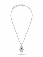 Anti-tarnish silver pavé Hamsa hand evil eye pendant necklace.
