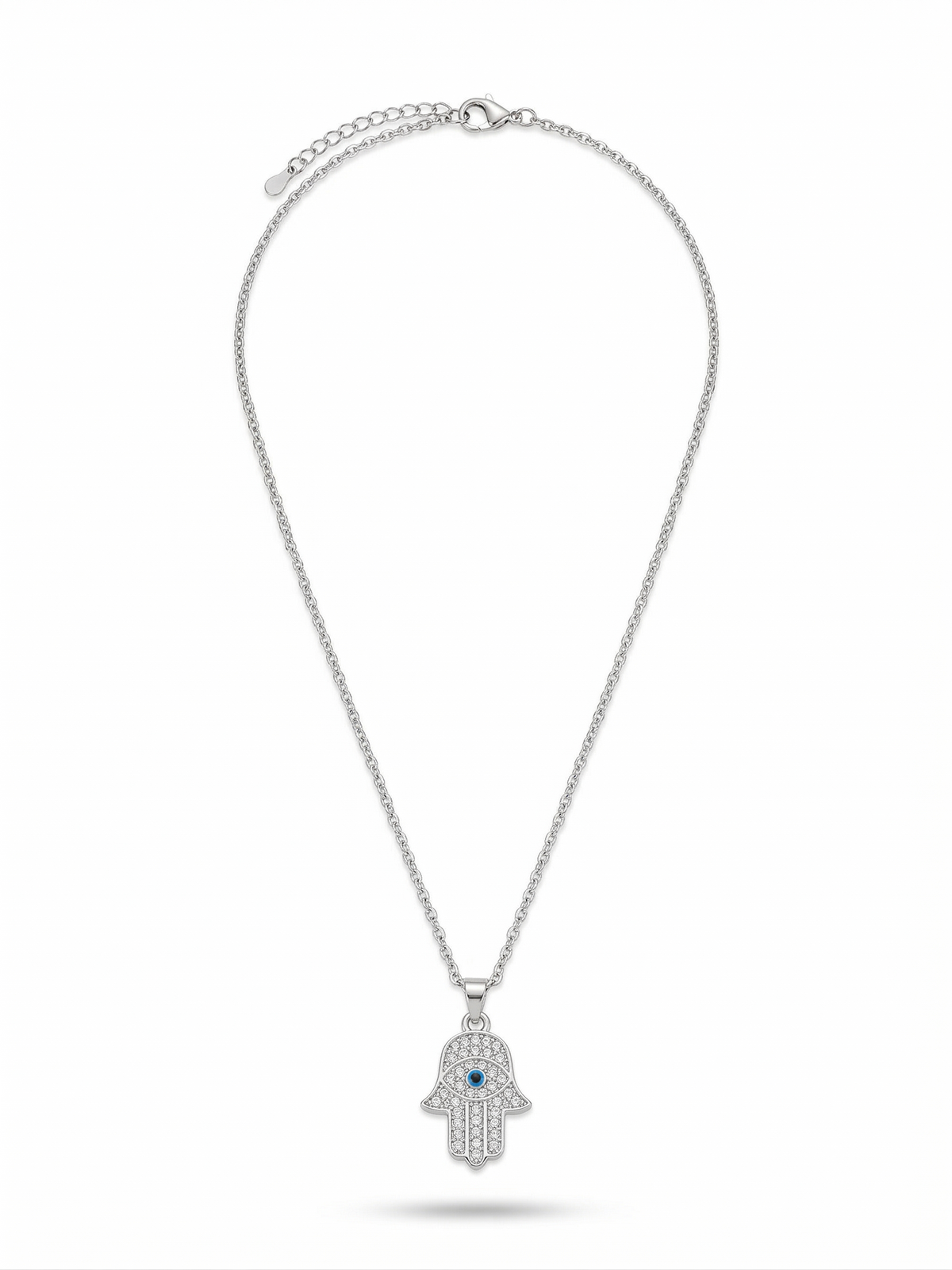 Anti-tarnish silver pavé Hamsa hand evil eye pendant necklace.