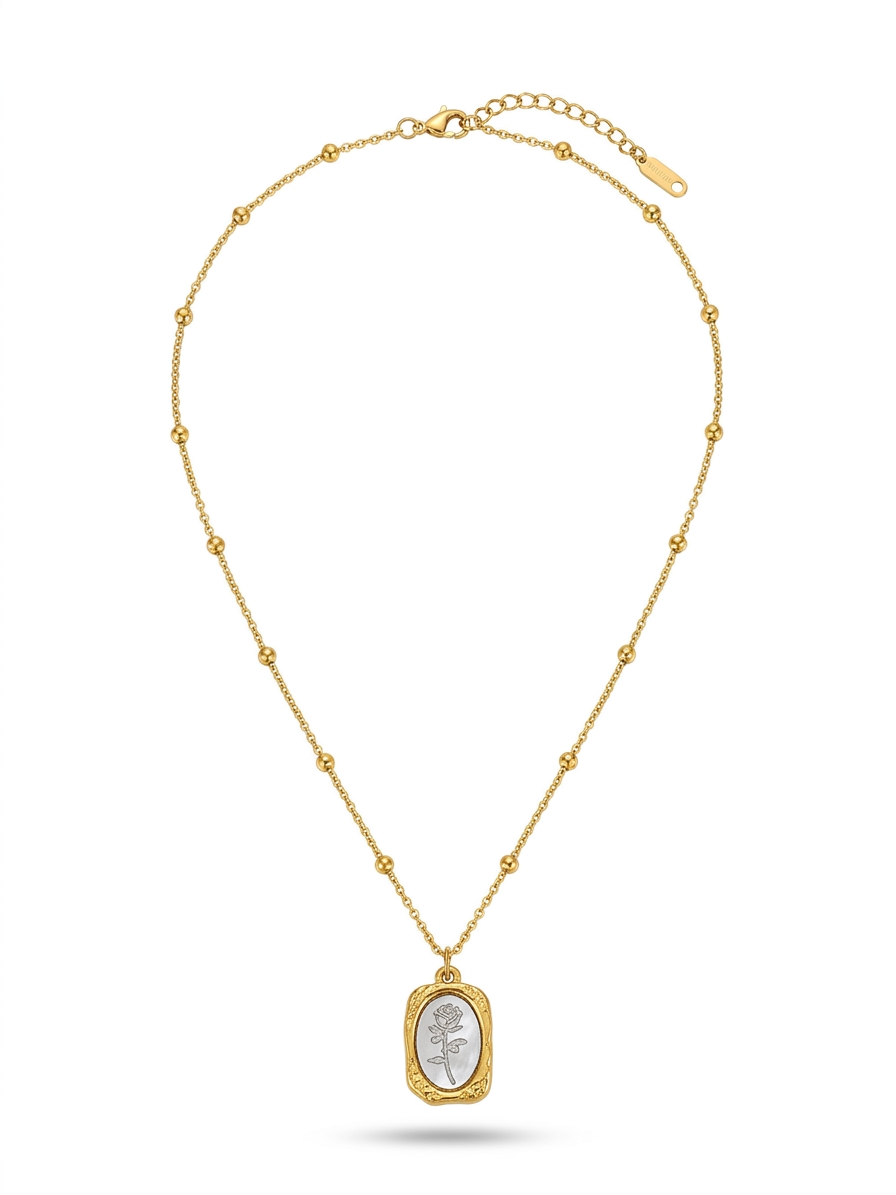 Anti-tarnish 18K gold-plated vintage rose medallion satellite necklace.